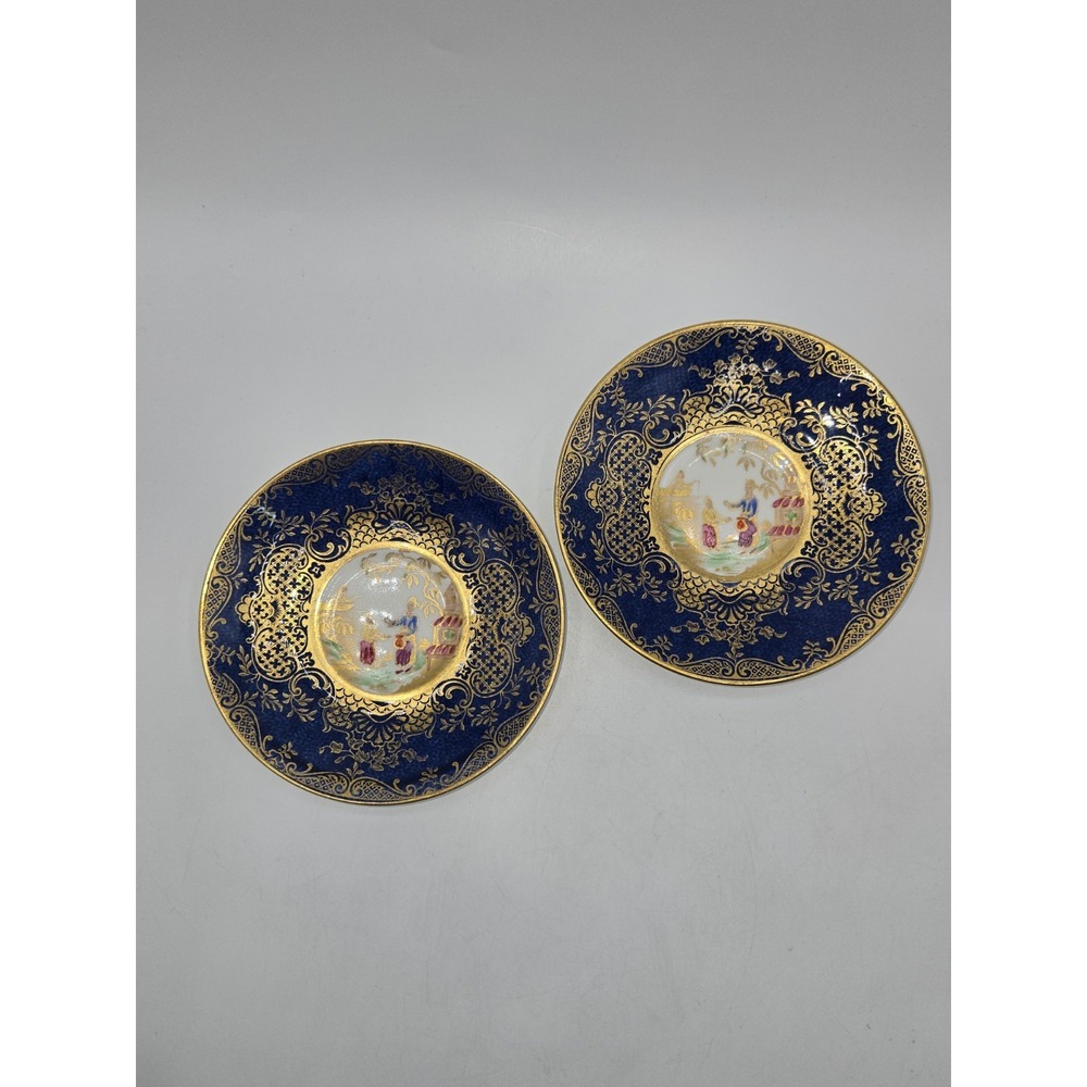 New Chelsea Staffs England Porcelain Saucers Pair Cobalt Blue Gold Chinoiserie
